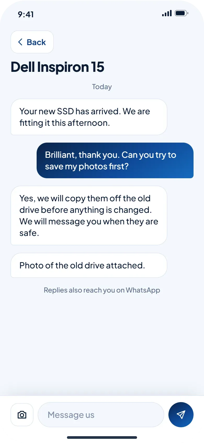 App screen: a message thread about a laptop repair, with replies and a photo attached