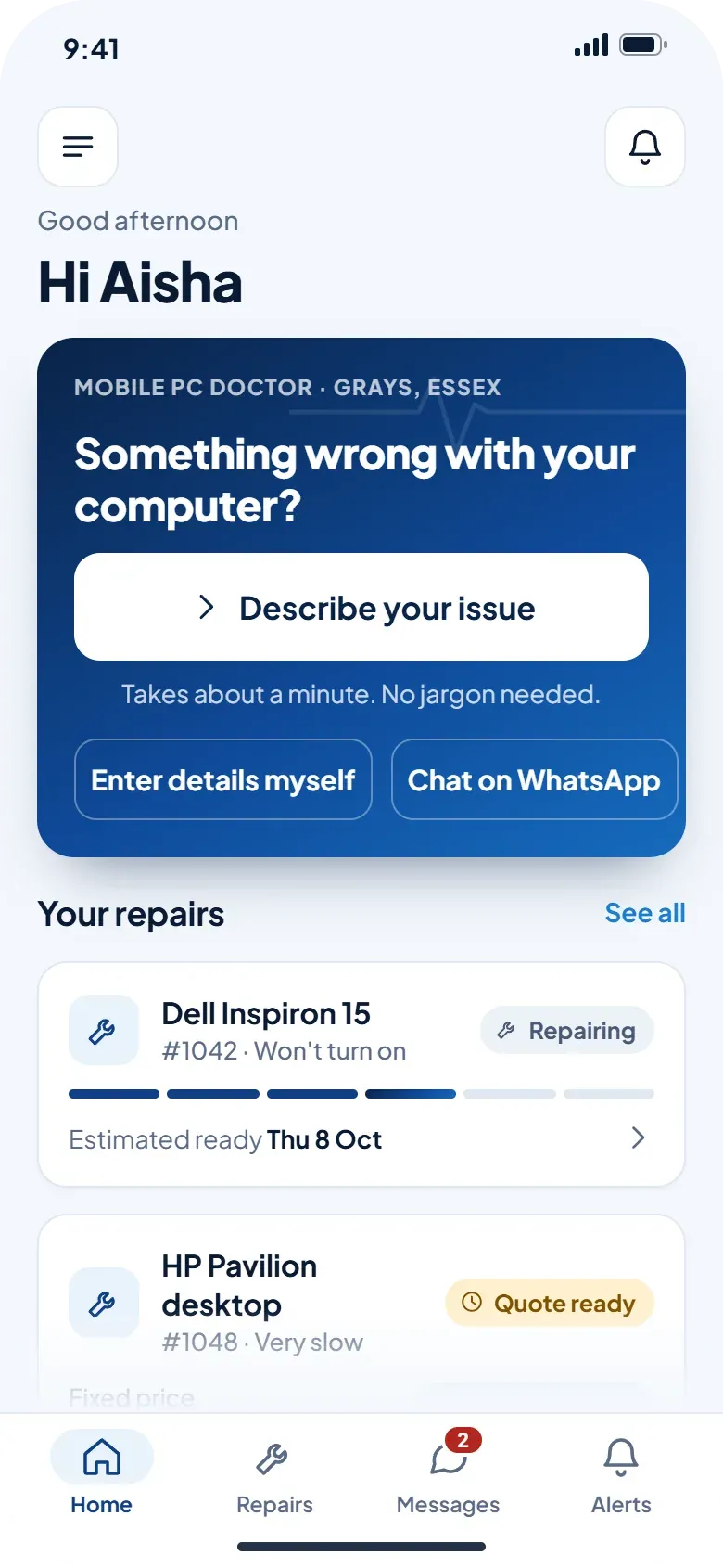 App home screen: describe your issue, with your repairs listed below