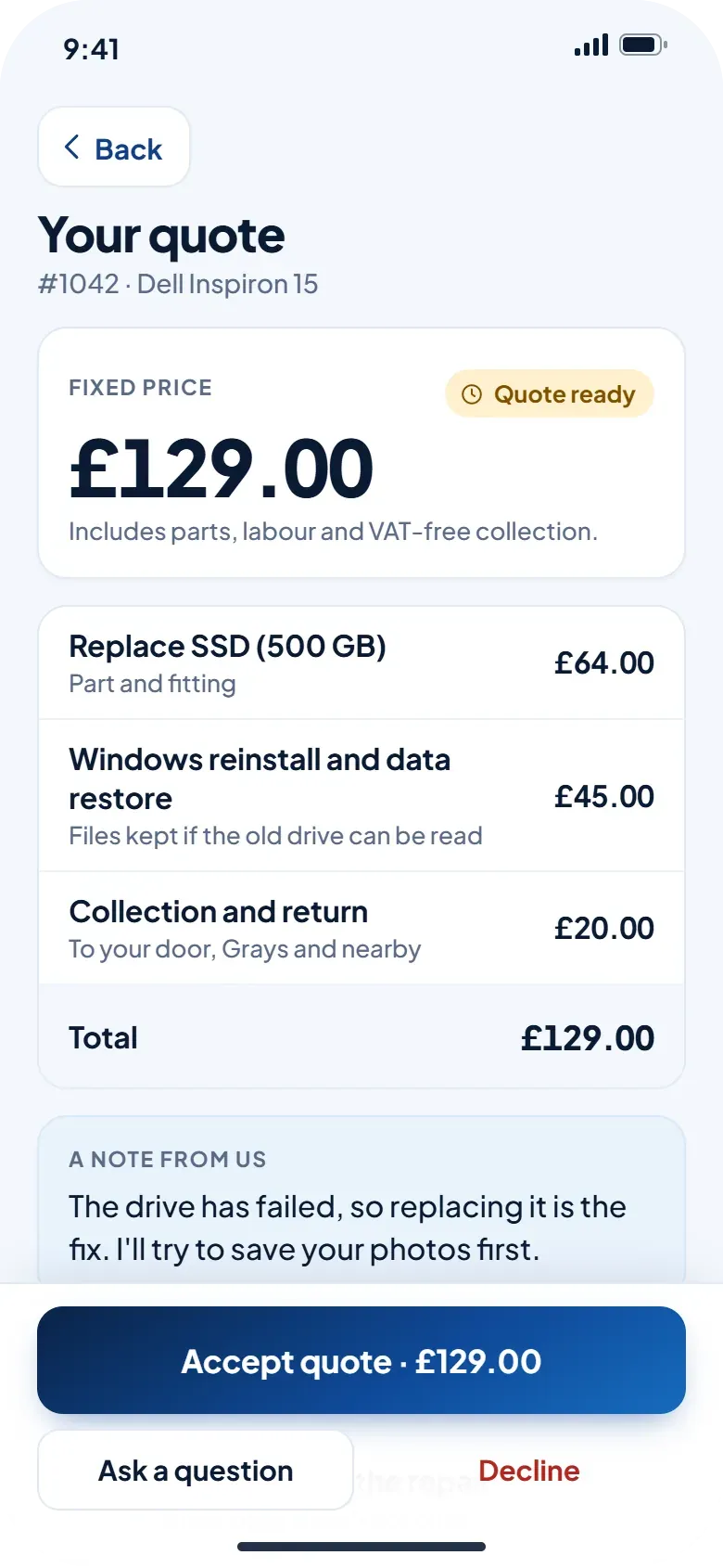 App screen: a fixed-price repair quote