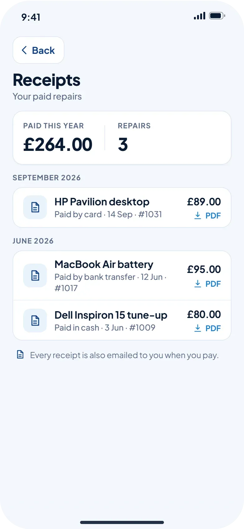 App screen: a list of paid repairs with receipts and totals