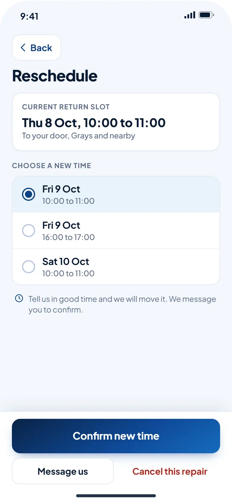 App screen: choose a new return time from a list of slots, with confirm and cancel options