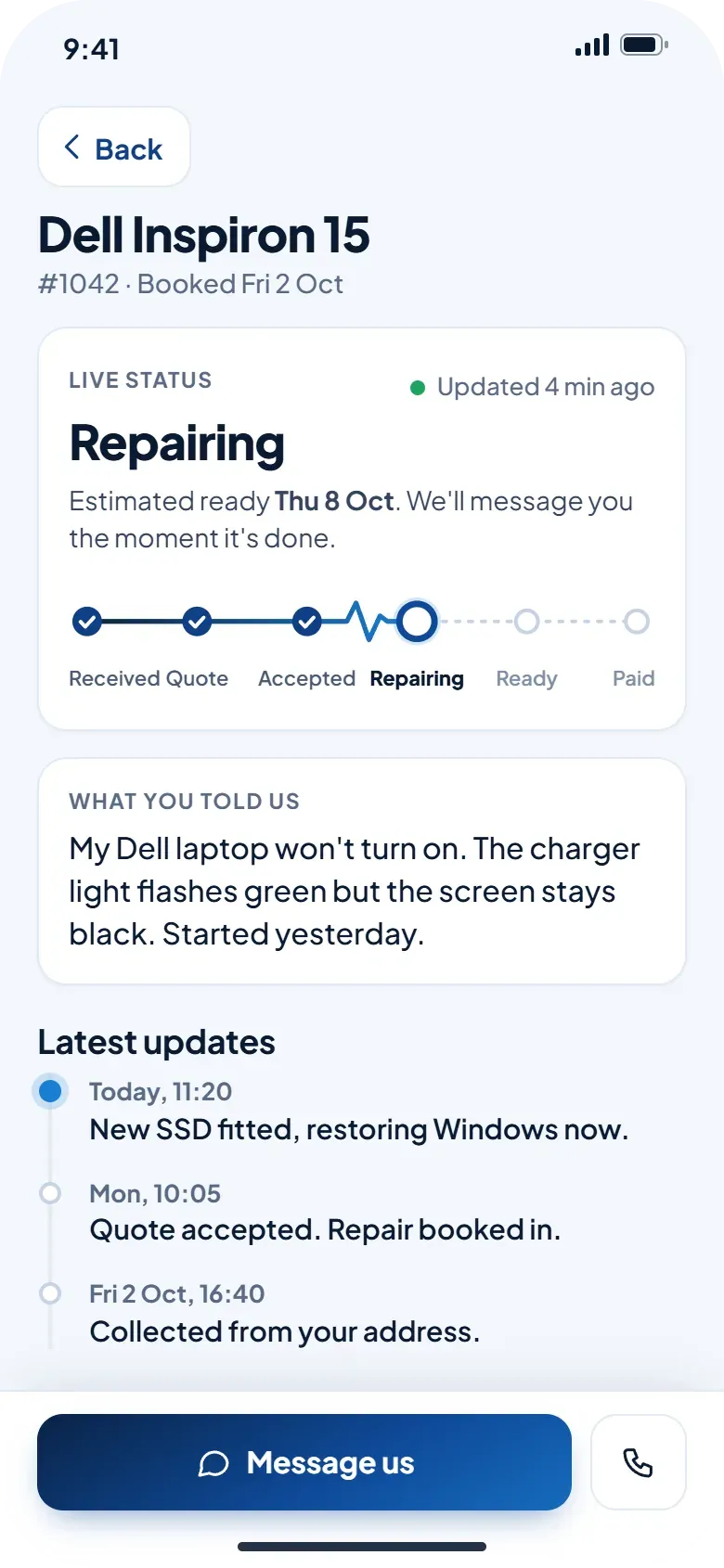 App screen: live repair status on a progress line