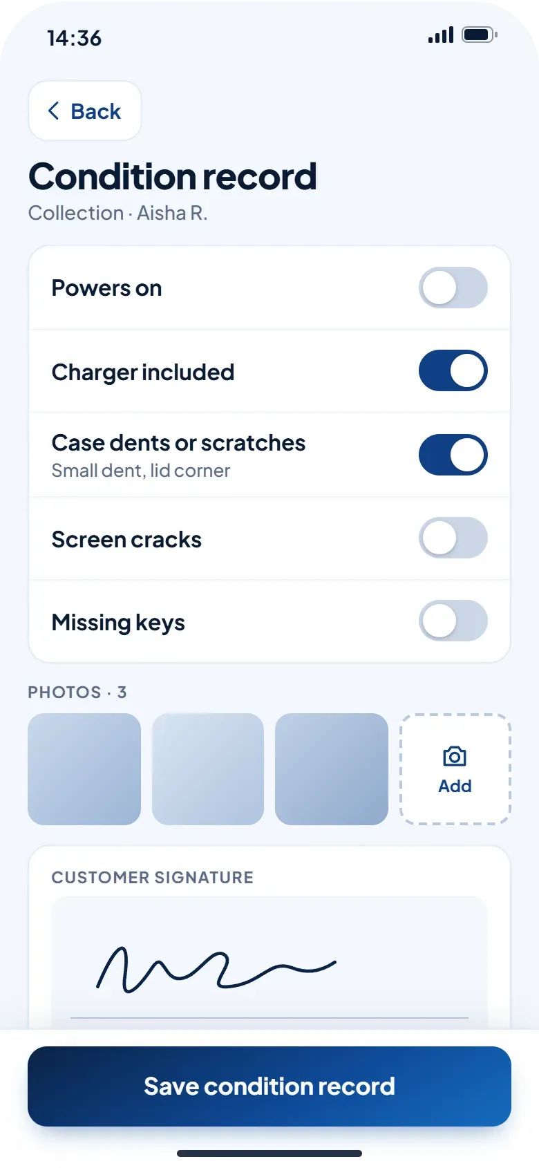App screen: a condition record with checklist toggles, photos and a signature pad, completed when a device is collected