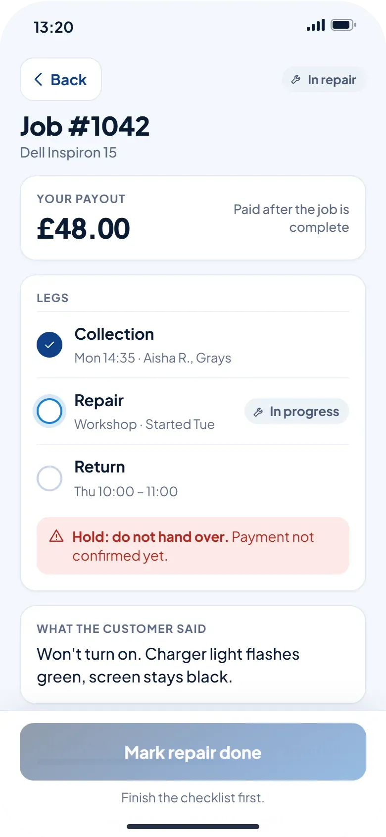 Technician app: job detail with collection, repair and return steps and a checklist